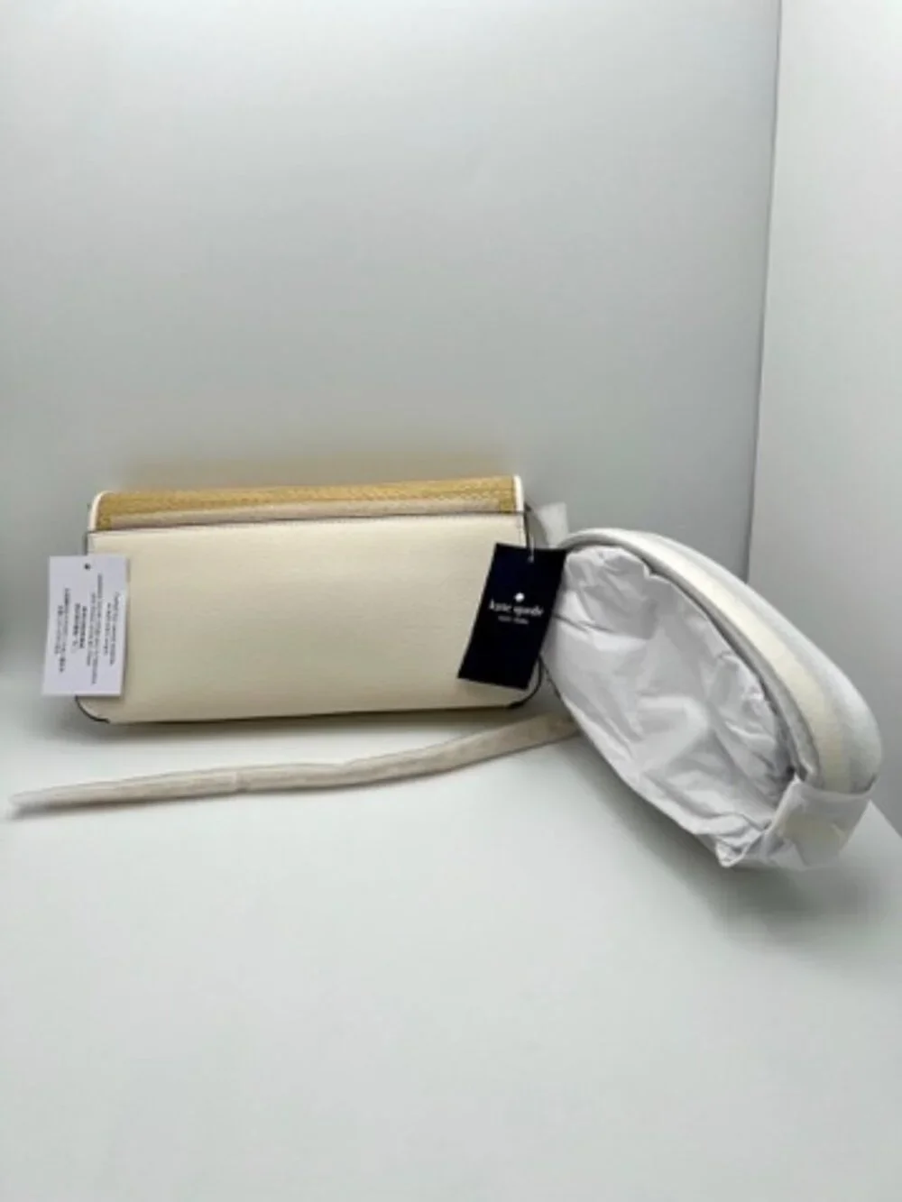 ♠️ NWT Kate Spade Ivy Straw Flap Crossbody Bag Natural White Leather Convertible